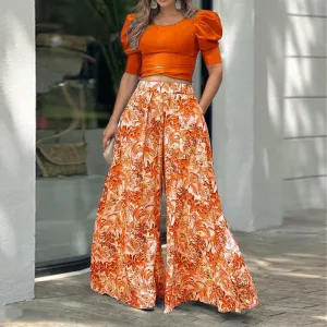 2022 autumn new women's puff sleeves long-sleeved top loose printed trousers fashion casual Wide leg pants suit women oufit