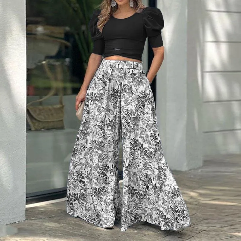 2022 autumn new women's puff sleeves long-sleeved top loose printed trousers fashion casual Wide leg pants suit women oufit
