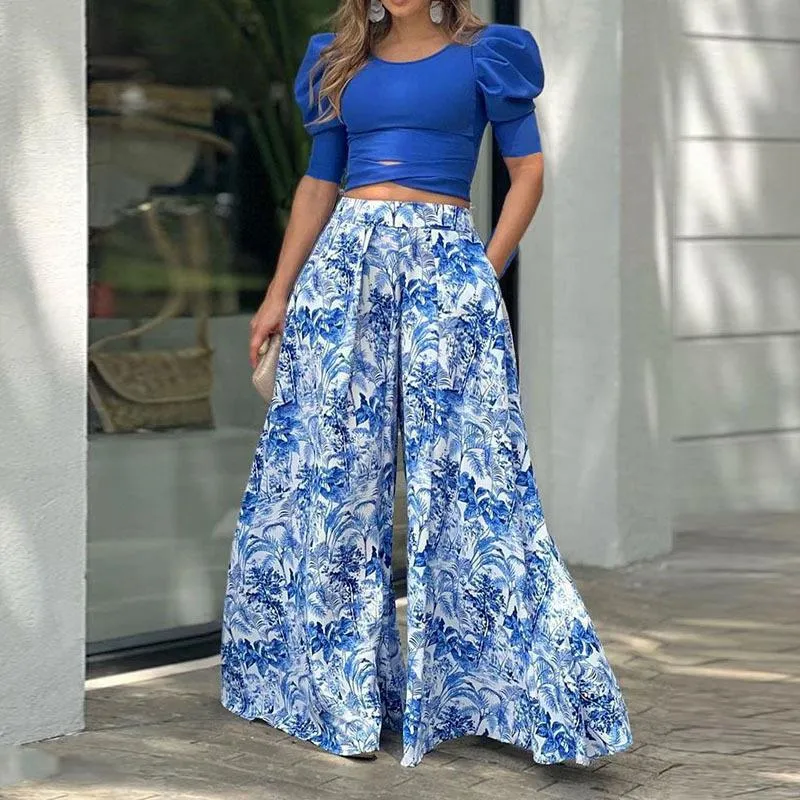 2022 autumn new women's puff sleeves long-sleeved top loose printed trousers fashion casual Wide leg pants suit women oufit