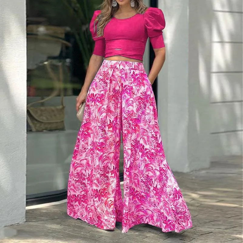2022 autumn new women's puff sleeves long-sleeved top loose printed trousers fashion casual Wide leg pants suit women oufit