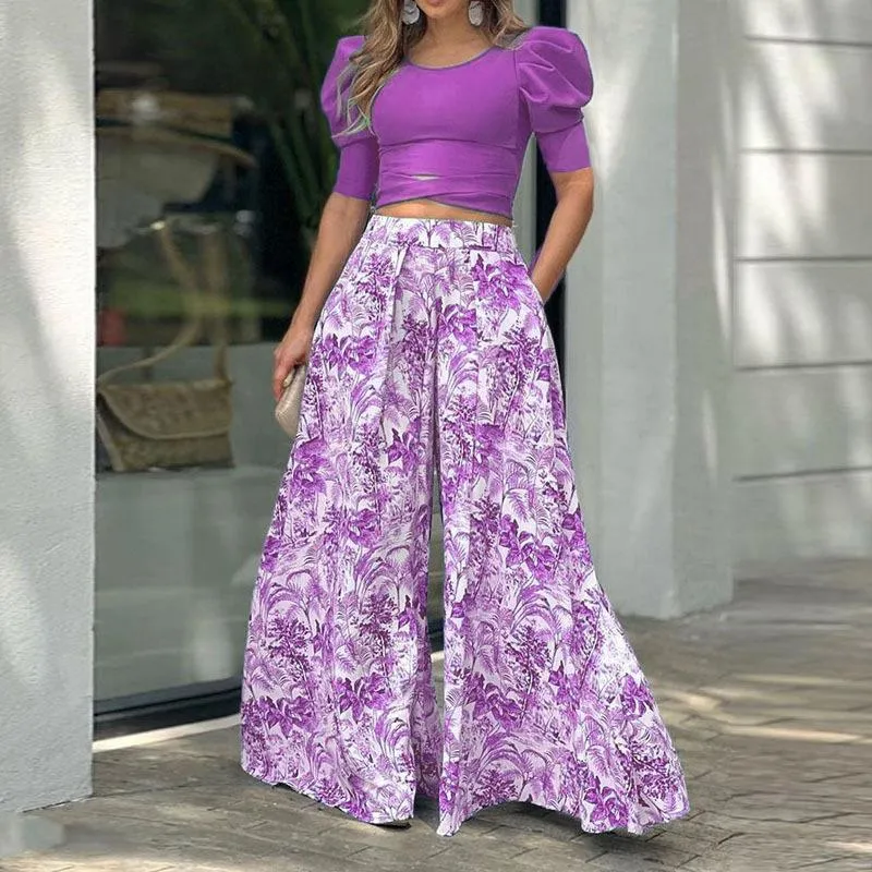 2022 autumn new women's puff sleeves long-sleeved top loose printed trousers fashion casual Wide leg pants suit women oufit