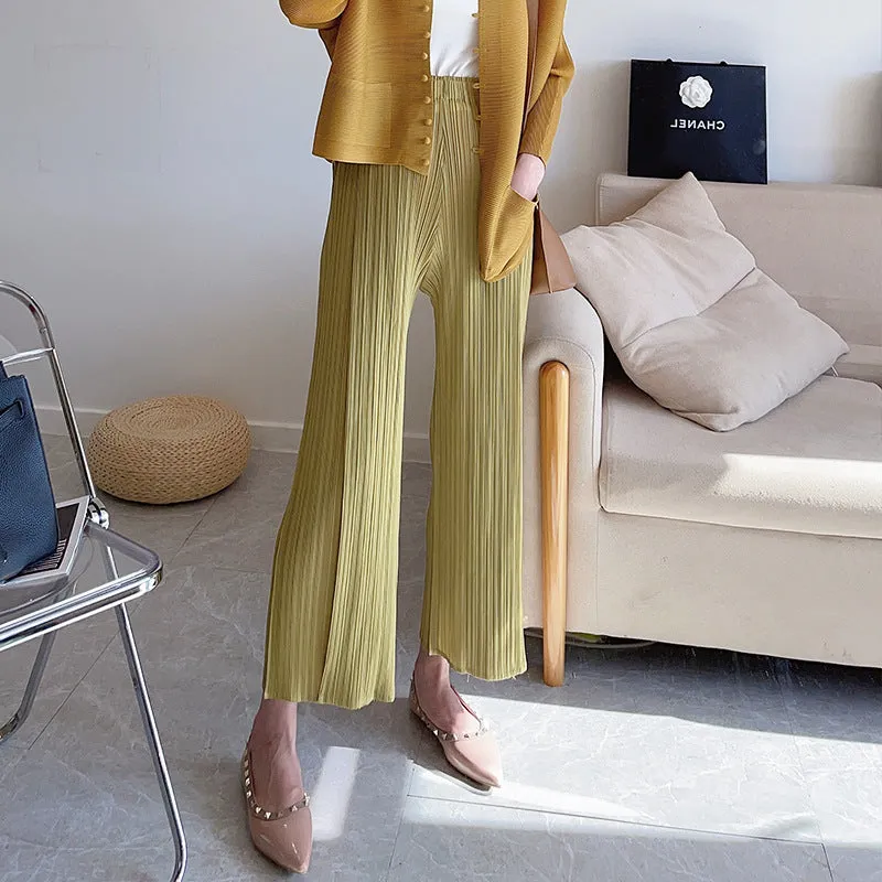 2025 Casual pants women's nine-point pants spring and summer new high-end pleated pants loose straight high-waisted thin wide-leg pants