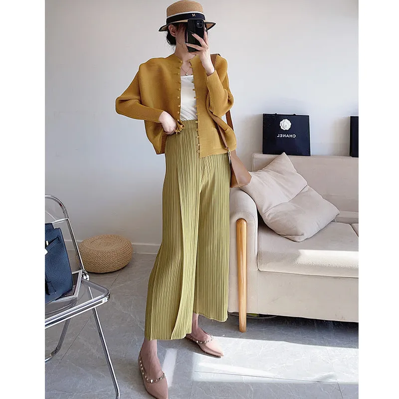 2025 Casual pants women's nine-point pants spring and summer new high-end pleated pants loose straight high-waisted thin wide-leg pants