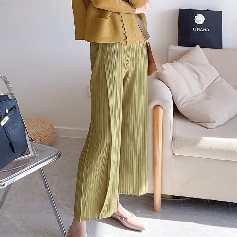 2025 Casual pants women's nine-point pants spring and summer new high-end pleated pants loose straight high-waisted thin wide-leg pants