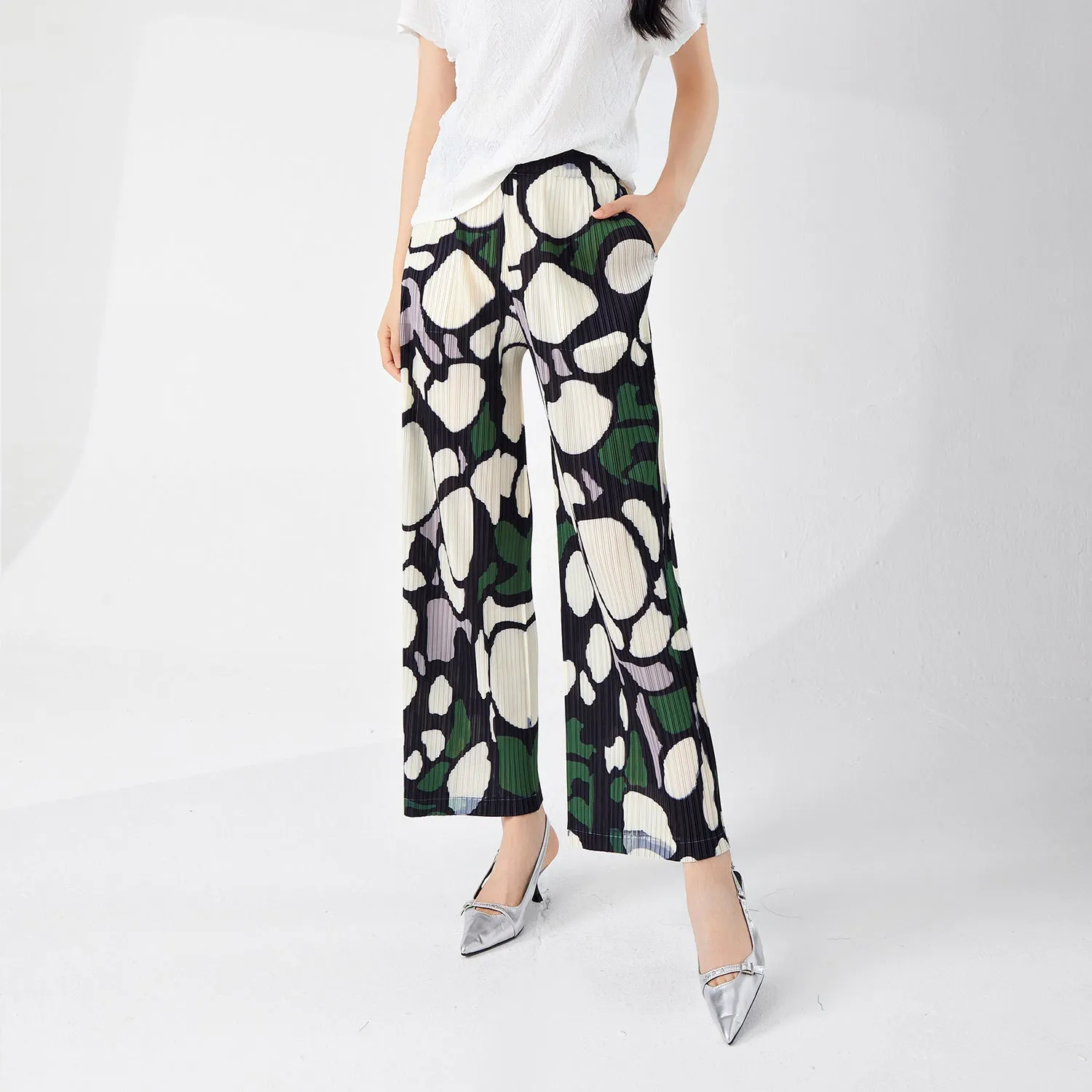 2025 counter wide-leg pants summer women's drape sense design sense niche printing fashion Popular style versatile straight casual pants