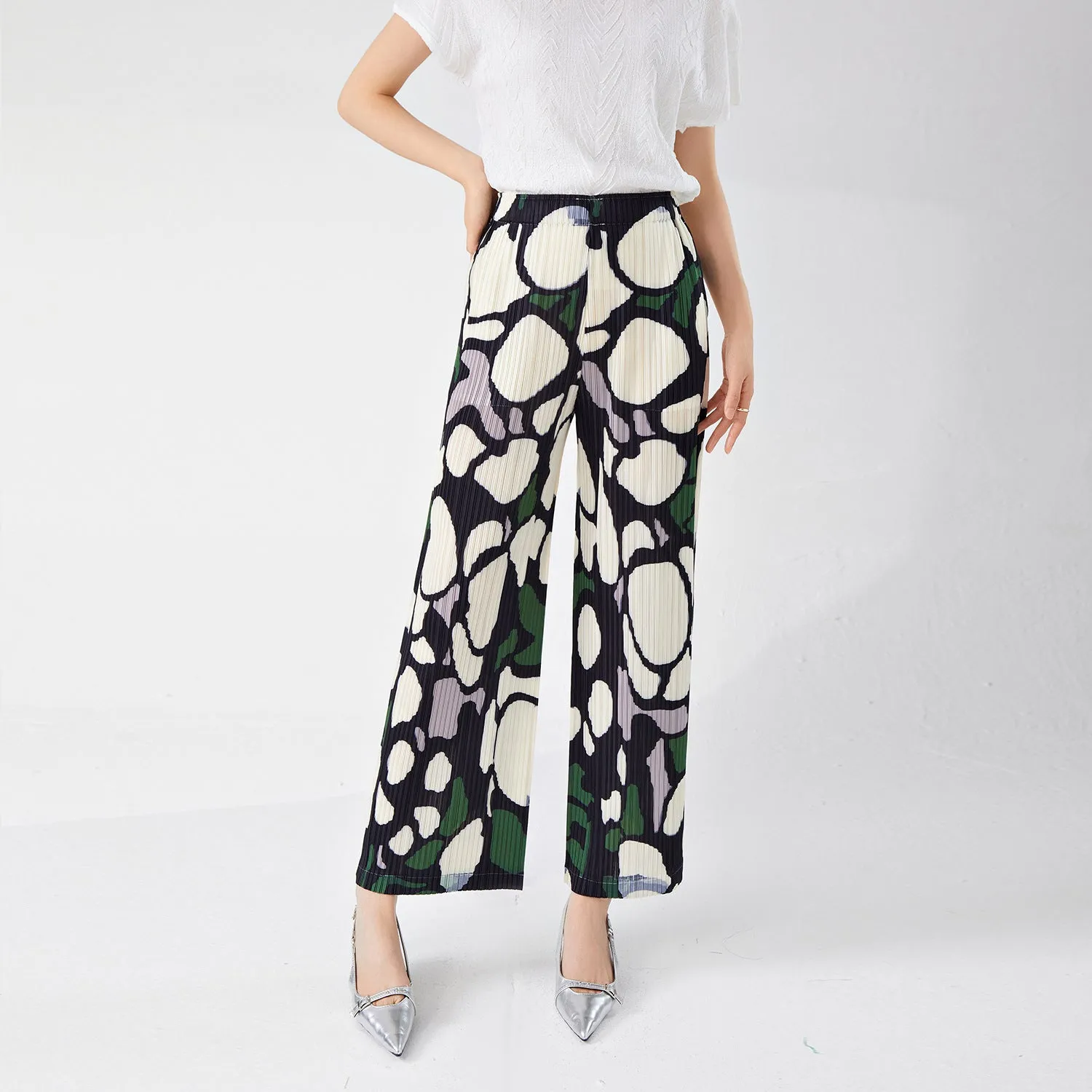 2025 counter wide-leg pants summer women's drape sense design sense niche printing fashion Popular style versatile straight casual pants