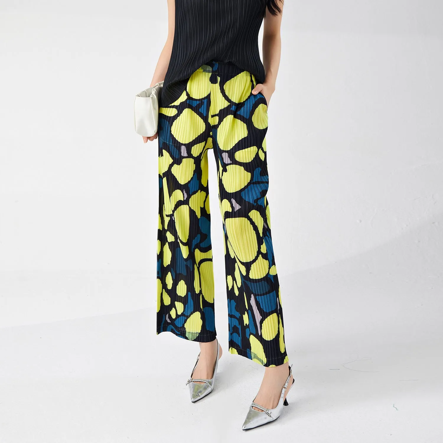 2025 counter wide-leg pants summer women's drape sense design sense niche printing fashion Popular style versatile straight casual pants