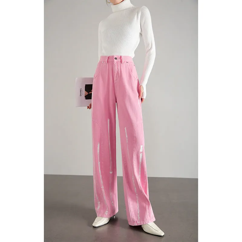 2025  Customized summer dopamine wear women's jeans straight loose and versatile ink splashing plant dyed pink long pants