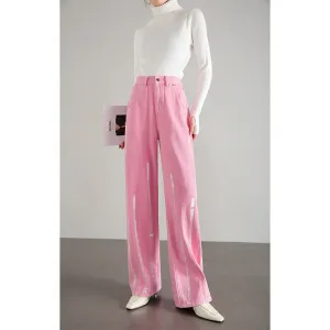 2025  Customized summer dopamine wear women's jeans straight loose and versatile ink splashing plant dyed pink long pants