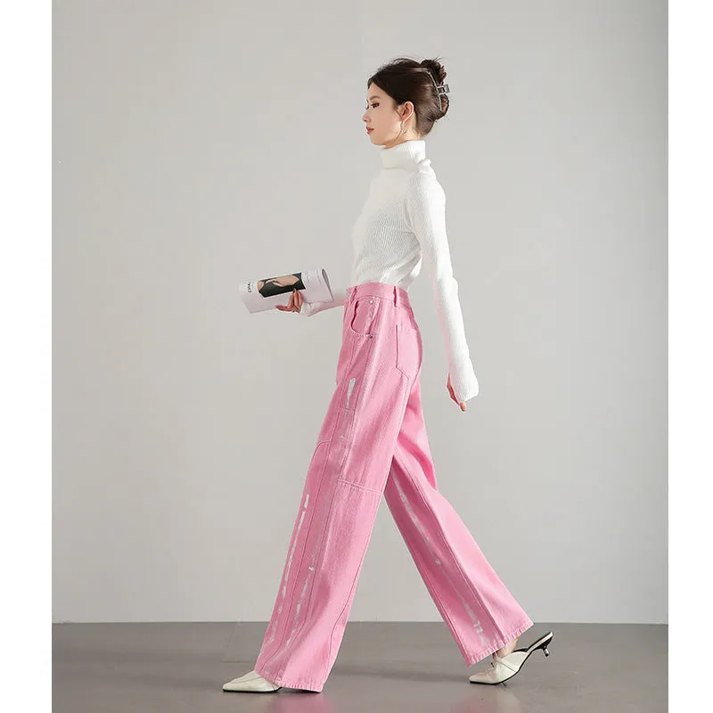 2025  Customized summer dopamine wear women's jeans straight loose and versatile ink splashing plant dyed pink long pants