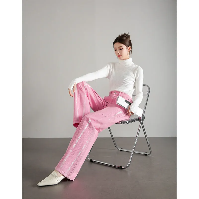 2025  Customized summer dopamine wear women's jeans straight loose and versatile ink splashing plant dyed pink long pants