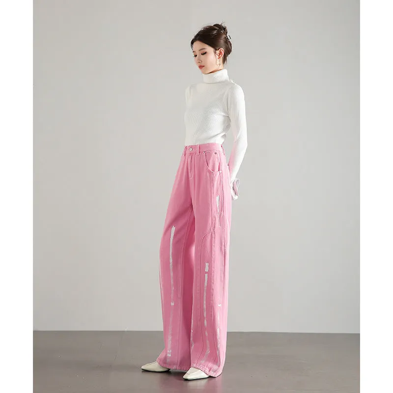 2025  Customized summer dopamine wear women's jeans straight loose and versatile ink splashing plant dyed pink long pants