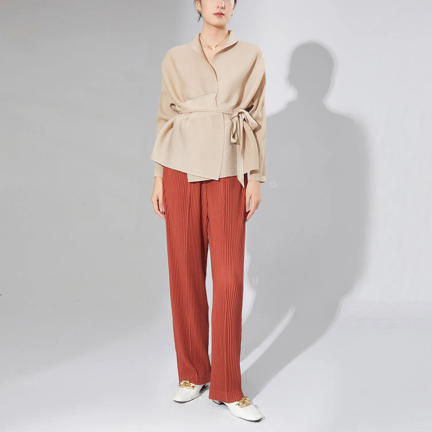 2025 Folded wide-leg pants women's high waist drape  autumn new Miyake loose straight pants casual solid color trousers