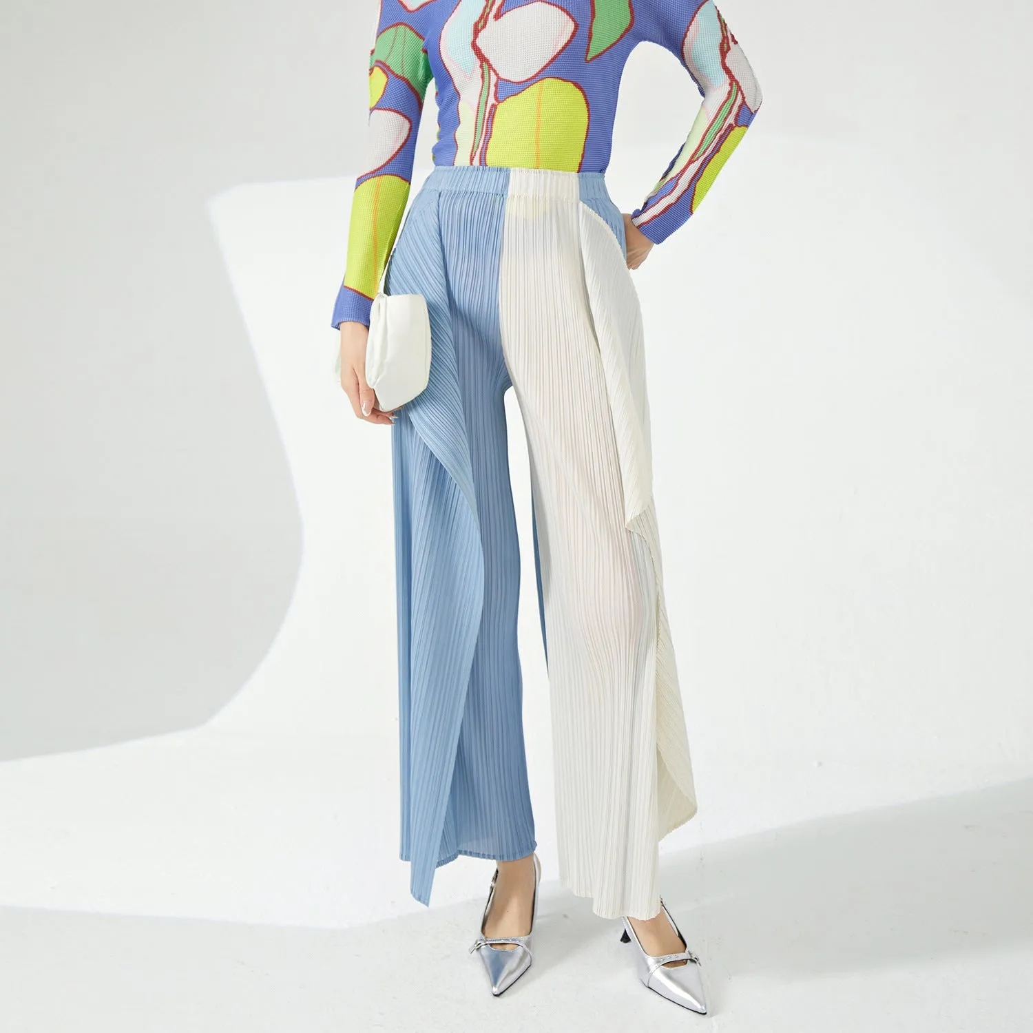 2025 Hot-selling new straight-leg pants for women's high-end irregular contrasting kelp pants fashionable versatile pleated casual pants