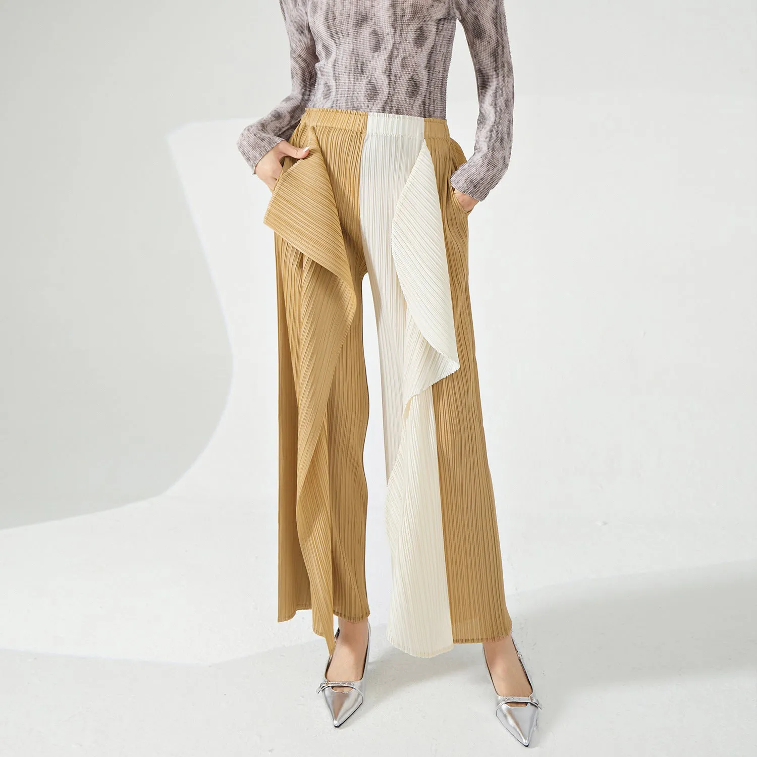 2025 Hot-selling new straight-leg pants for women's high-end irregular contrasting kelp pants fashionable versatile pleated casual pants
