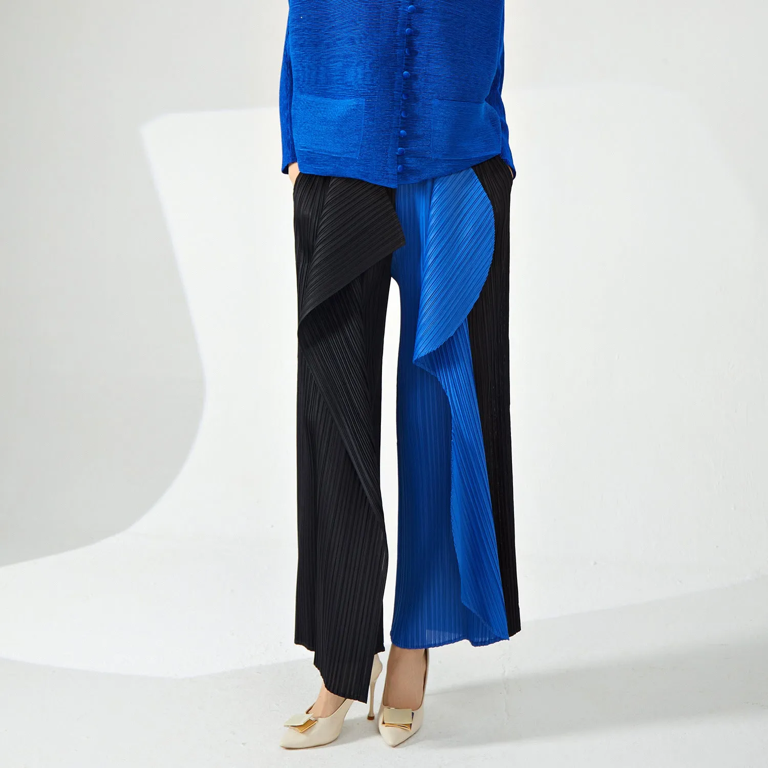 2025 Hot-selling new straight-leg pants for women's high-end irregular contrasting kelp pants fashionable versatile pleated casual pants