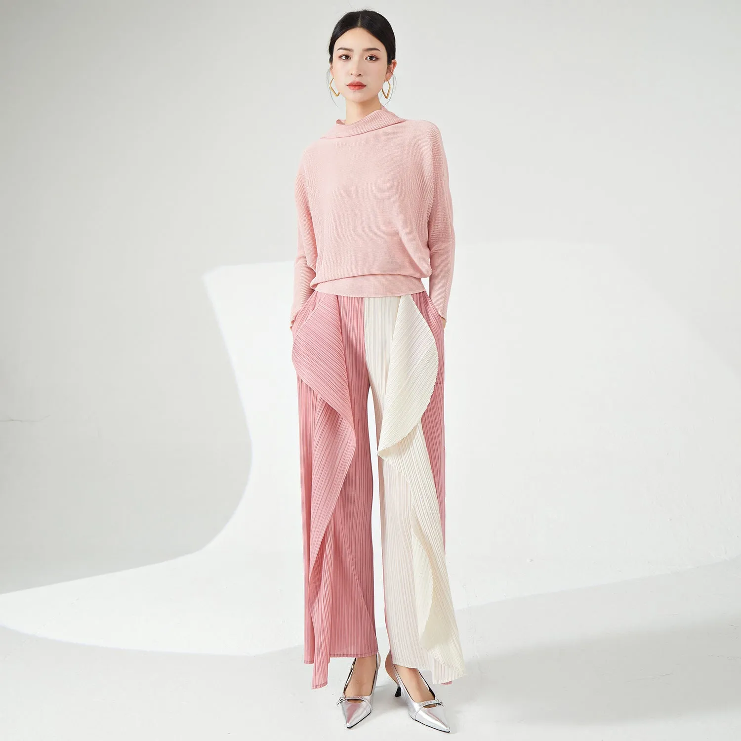2025 Hot-selling new straight-leg pants for women's high-end irregular contrasting kelp pants fashionable versatile pleated casual pants