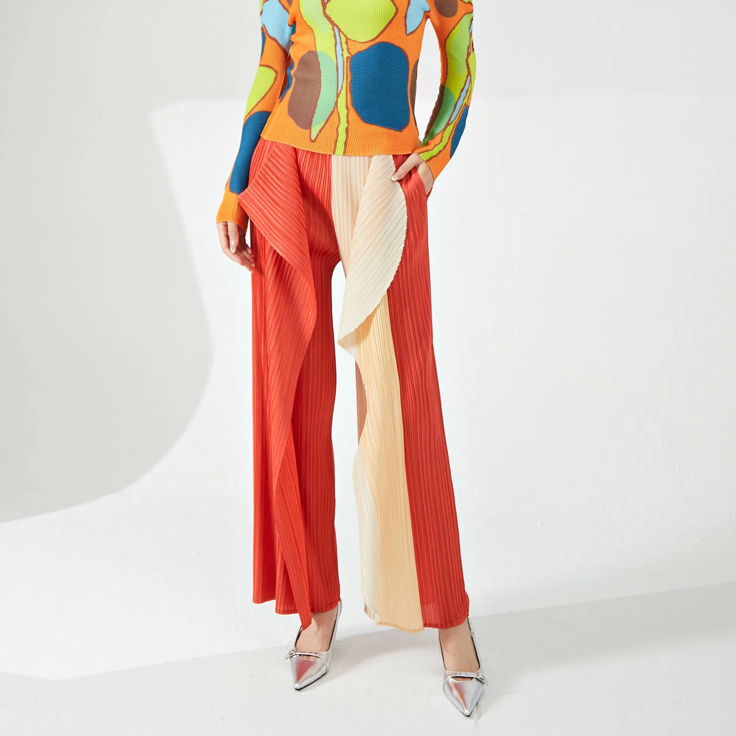2025 Hot-selling new straight-leg pants for women's high-end irregular contrasting kelp pants fashionable versatile pleated casual pants