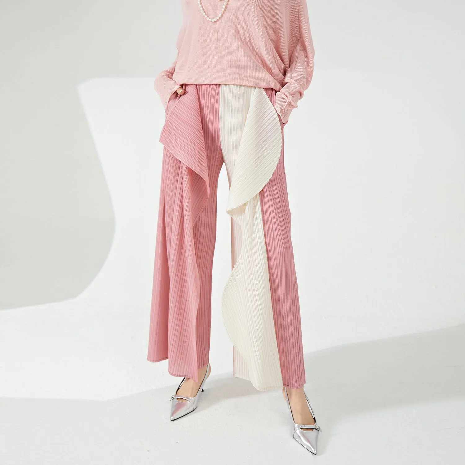 2025 Hot-selling new straight-leg pants for women's high-end irregular contrasting kelp pants fashionable versatile pleated casual pants