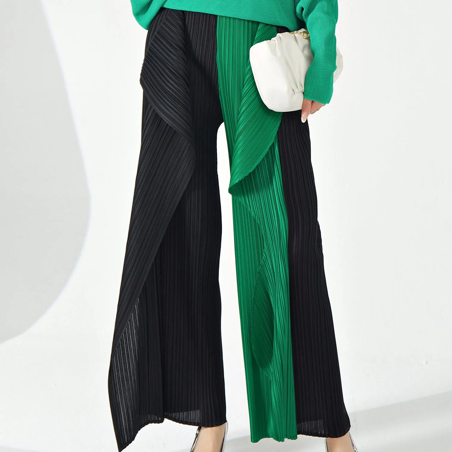 2025 Hot-selling new straight-leg pants for women's high-end irregular contrasting kelp pants fashionable versatile pleated casual pants