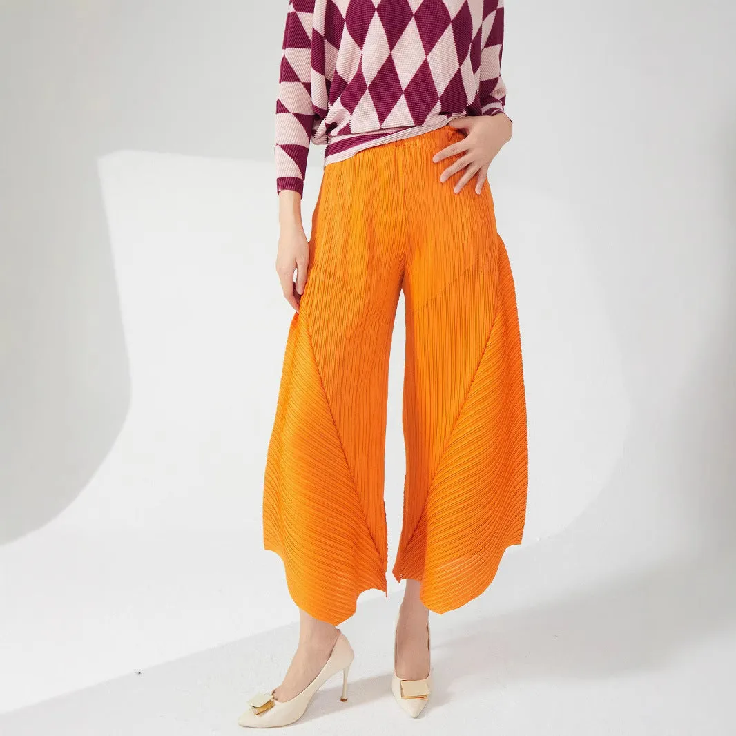2025 Miyake casual pants women's clothing factory supply elastic waist loose and thin wide-leg pants drape pleated special-shaped pants