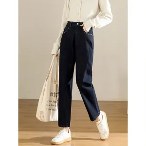 2025  Spring new retro dark blue jeans women's scratched wool inner velvet high waist versatile and thin straight dad pants