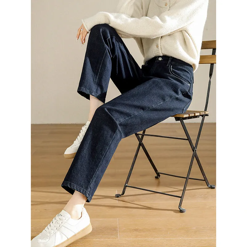 2025  Spring new retro dark blue jeans women's scratched wool inner velvet high waist versatile and thin straight dad pants