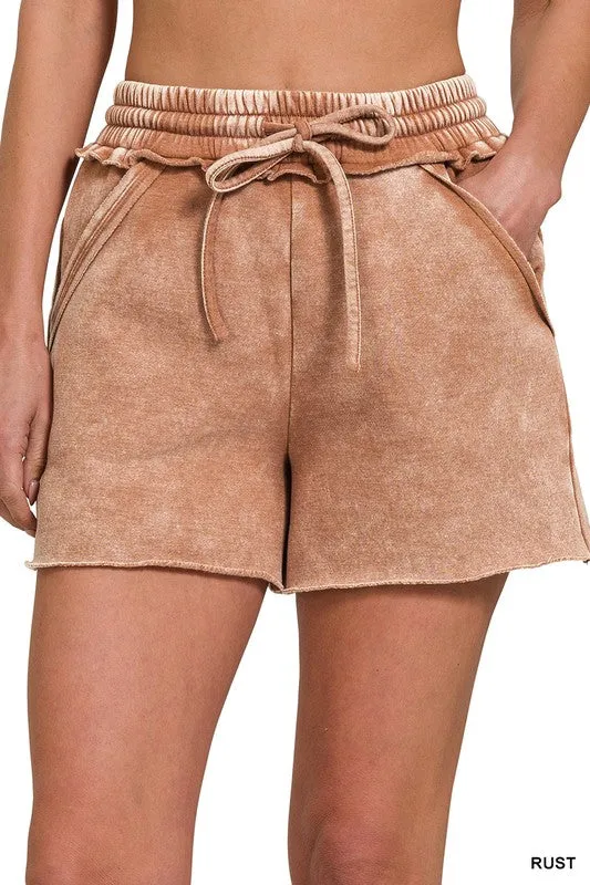 Andrea Acid Wash Fleece Drawstring Shorts with Pockets