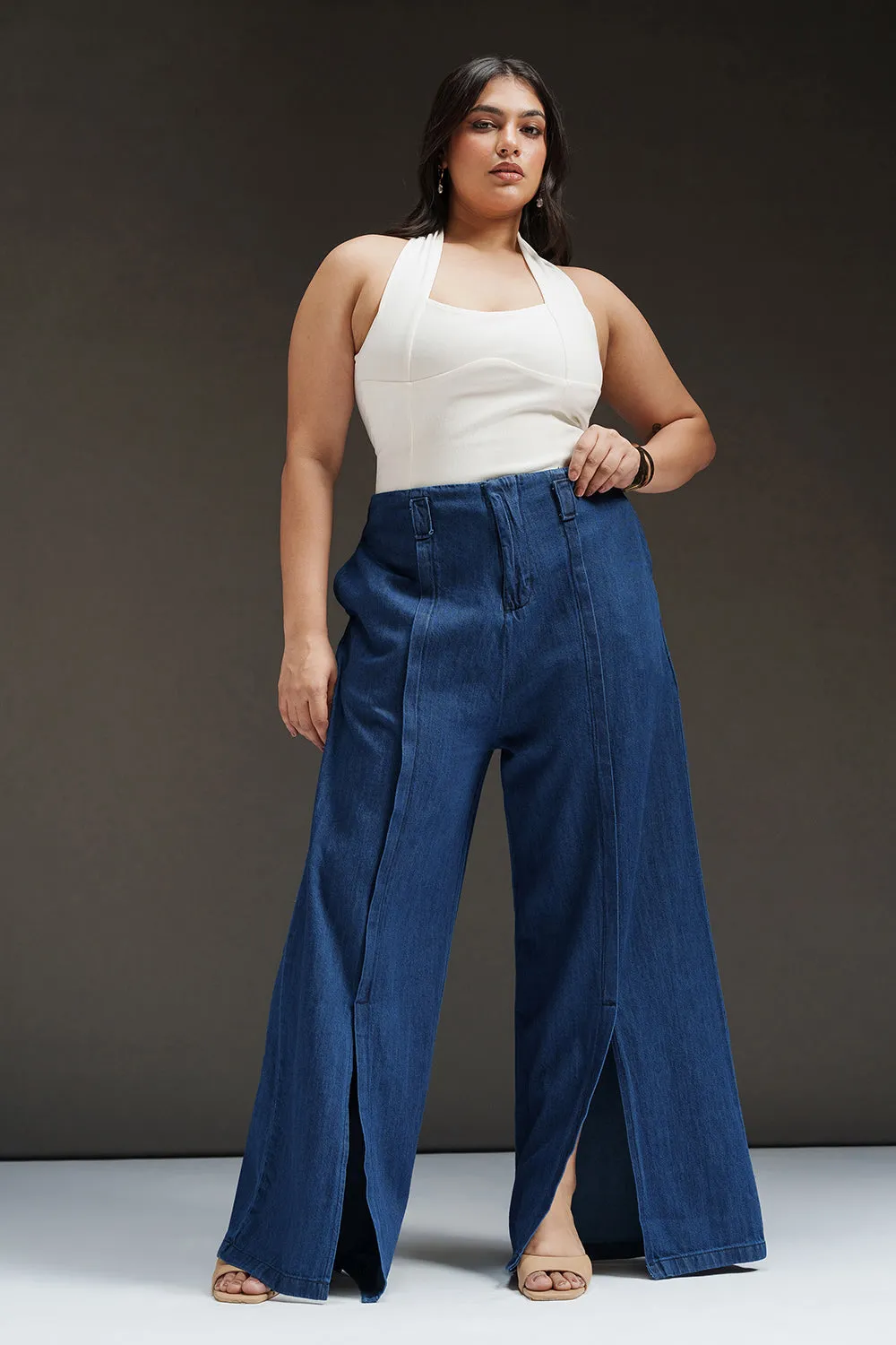 Antique Indigo Curve Front Slit Denim Korean Pants