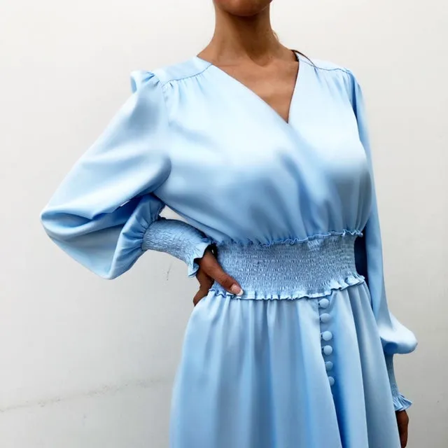AW19 BABY BLUE RUCHED WAIST MAXI DRESS