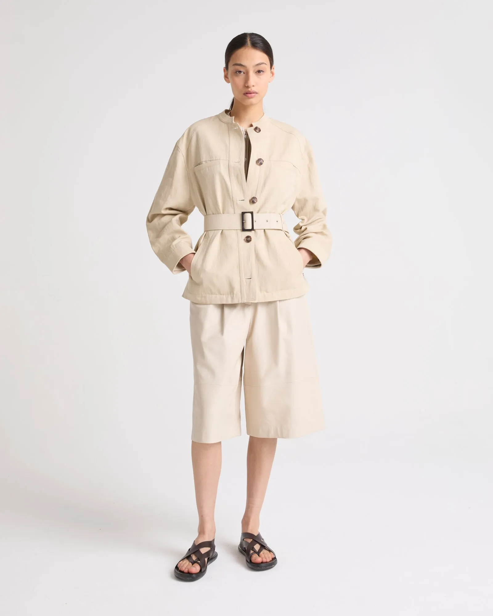 Belted jacket in cotton-linen fabric
