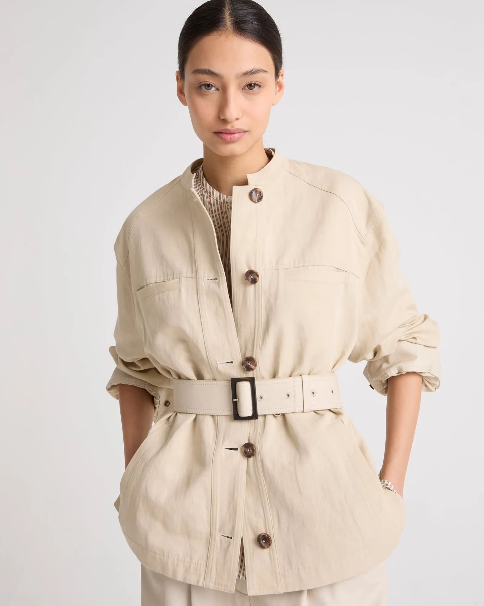 Belted jacket in cotton-linen fabric