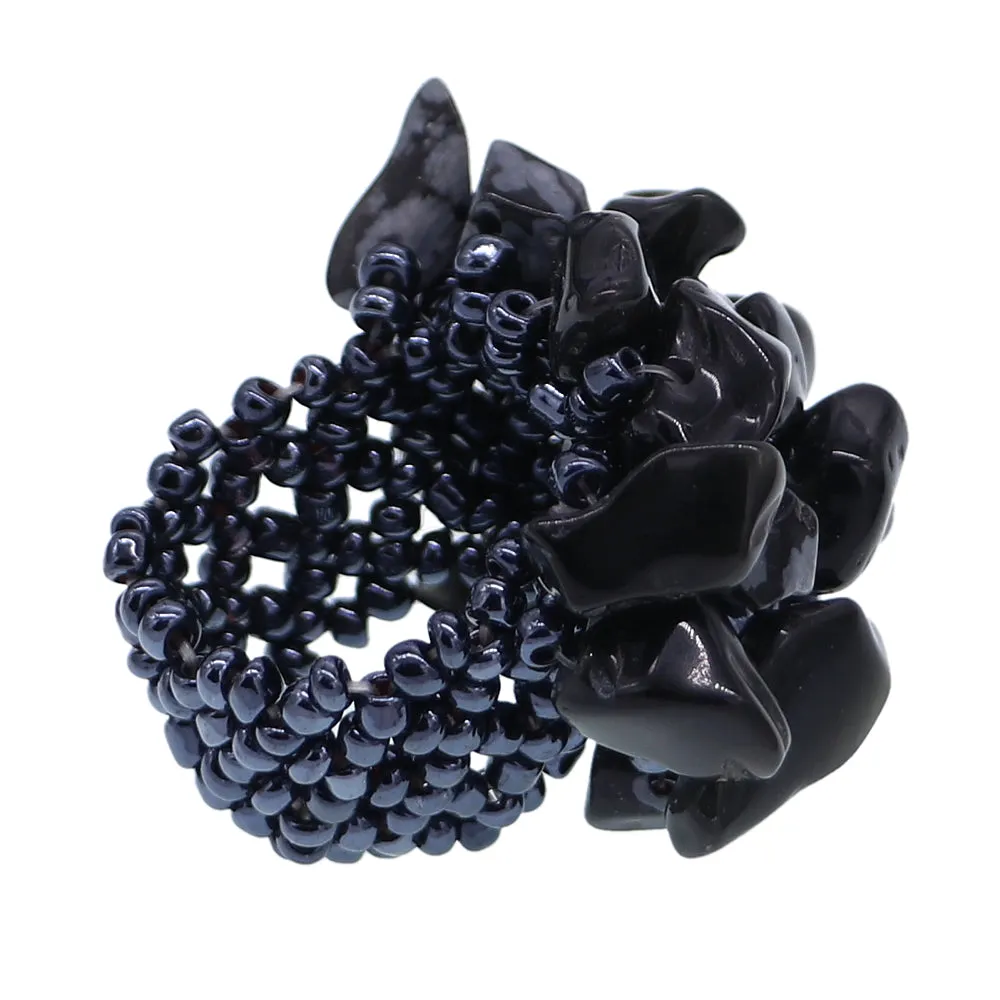 Black Faux Crystal Seed Bead Elastic Ring