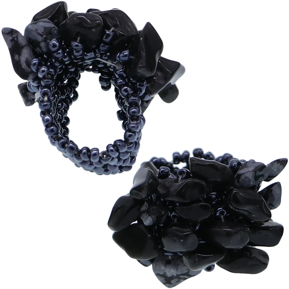 Black Faux Crystal Seed Bead Elastic Ring