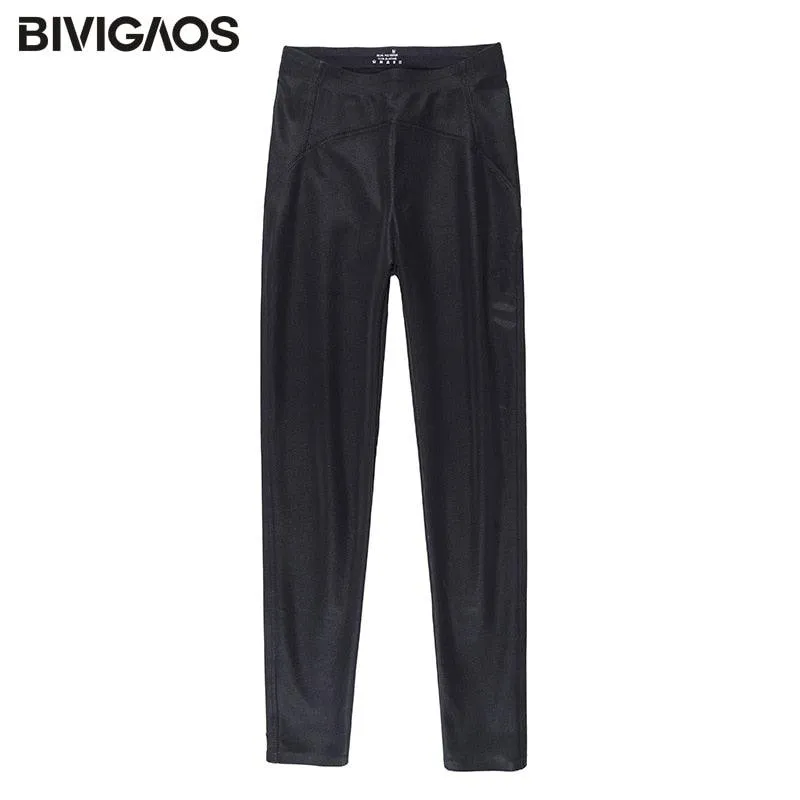 Black Fleece Matte Leather Leggings - High-Waist Lift Buttock Trousers with Slim Skinny Fit