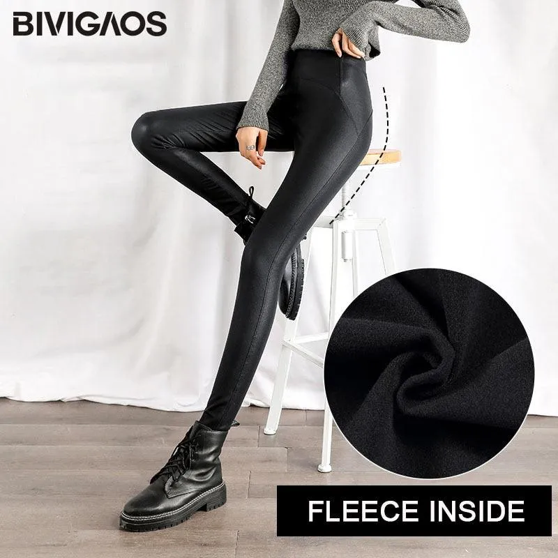 Black Fleece Matte Leather Leggings - High-Waist Lift Buttock Trousers with Slim Skinny Fit