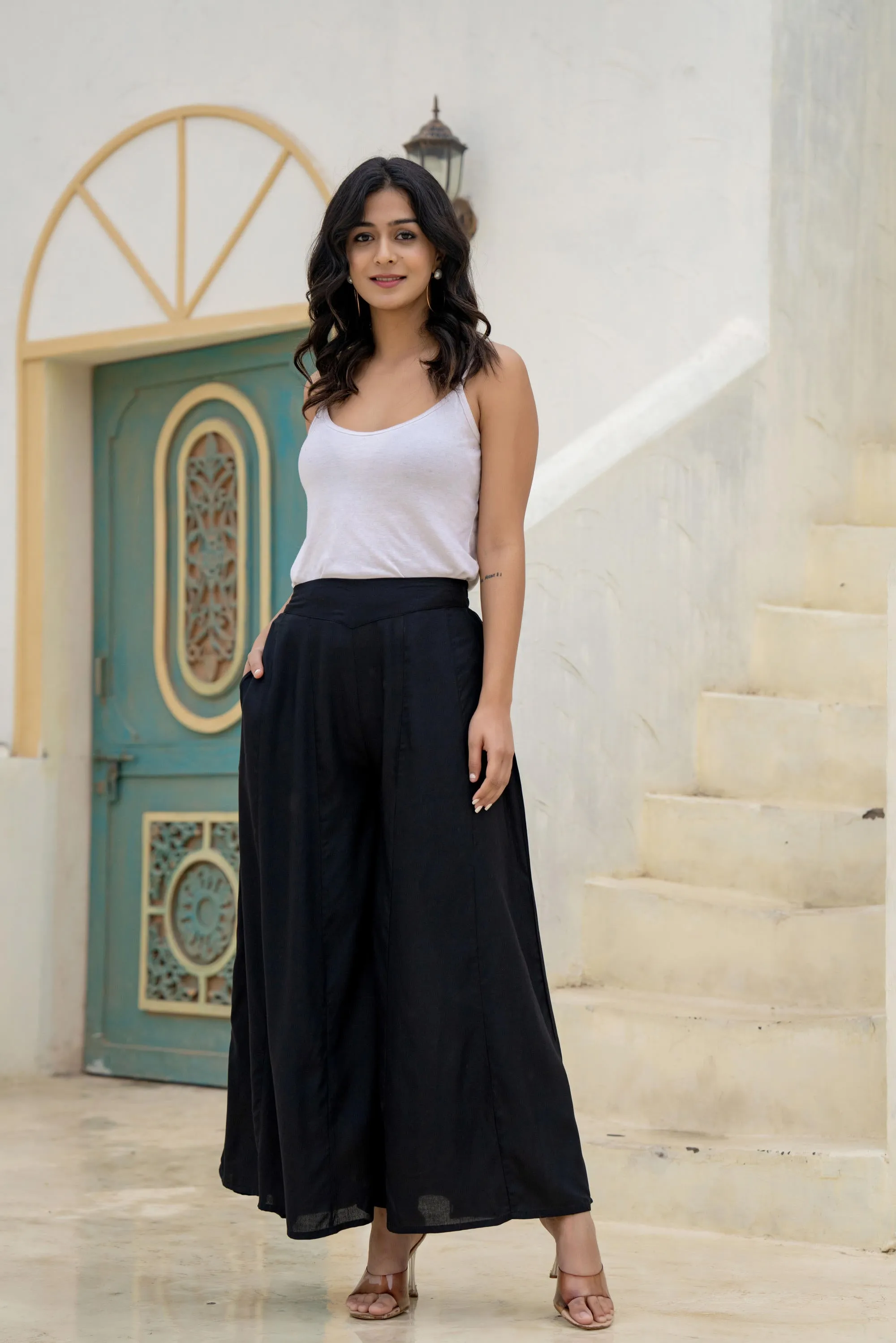 Black Solid Viscose Palazzo Pants
