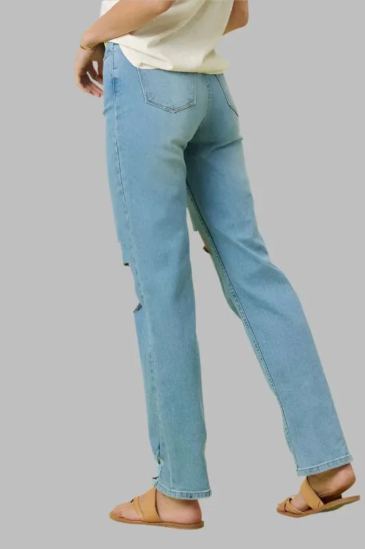 Blue High Rise Distressed Wide Leg Jeans