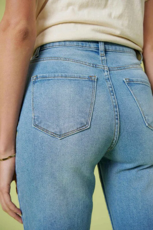 Blue High Rise Distressed Wide Leg Jeans