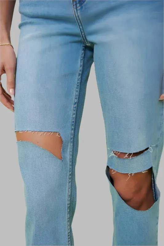 Blue High Rise Distressed Wide Leg Jeans