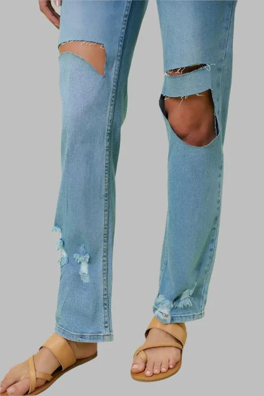 Blue High Rise Distressed Wide Leg Jeans
