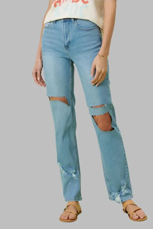 Blue High Rise Distressed Wide Leg Jeans