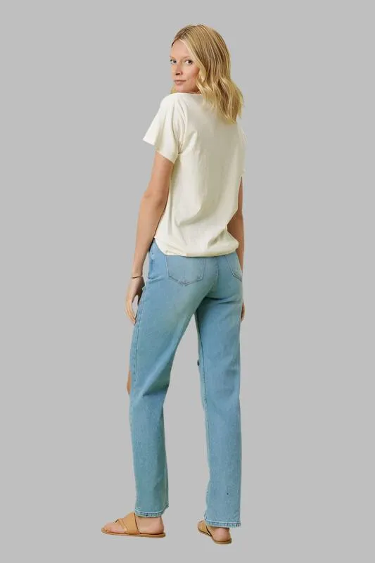 Blue High Rise Distressed Wide Leg Jeans
