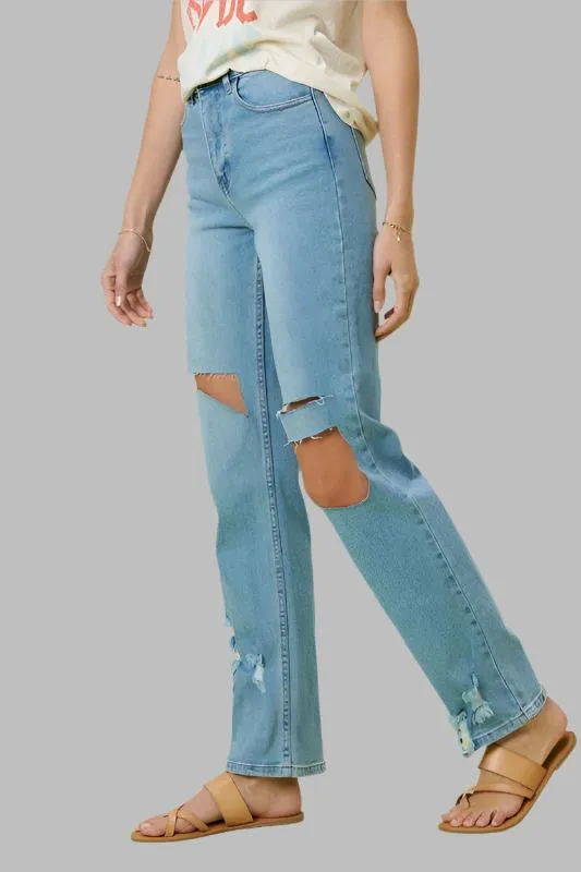 Blue High Rise Distressed Wide Leg Jeans