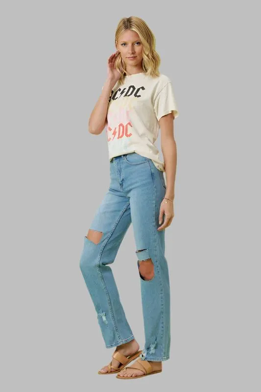 Blue High Rise Distressed Wide Leg Jeans