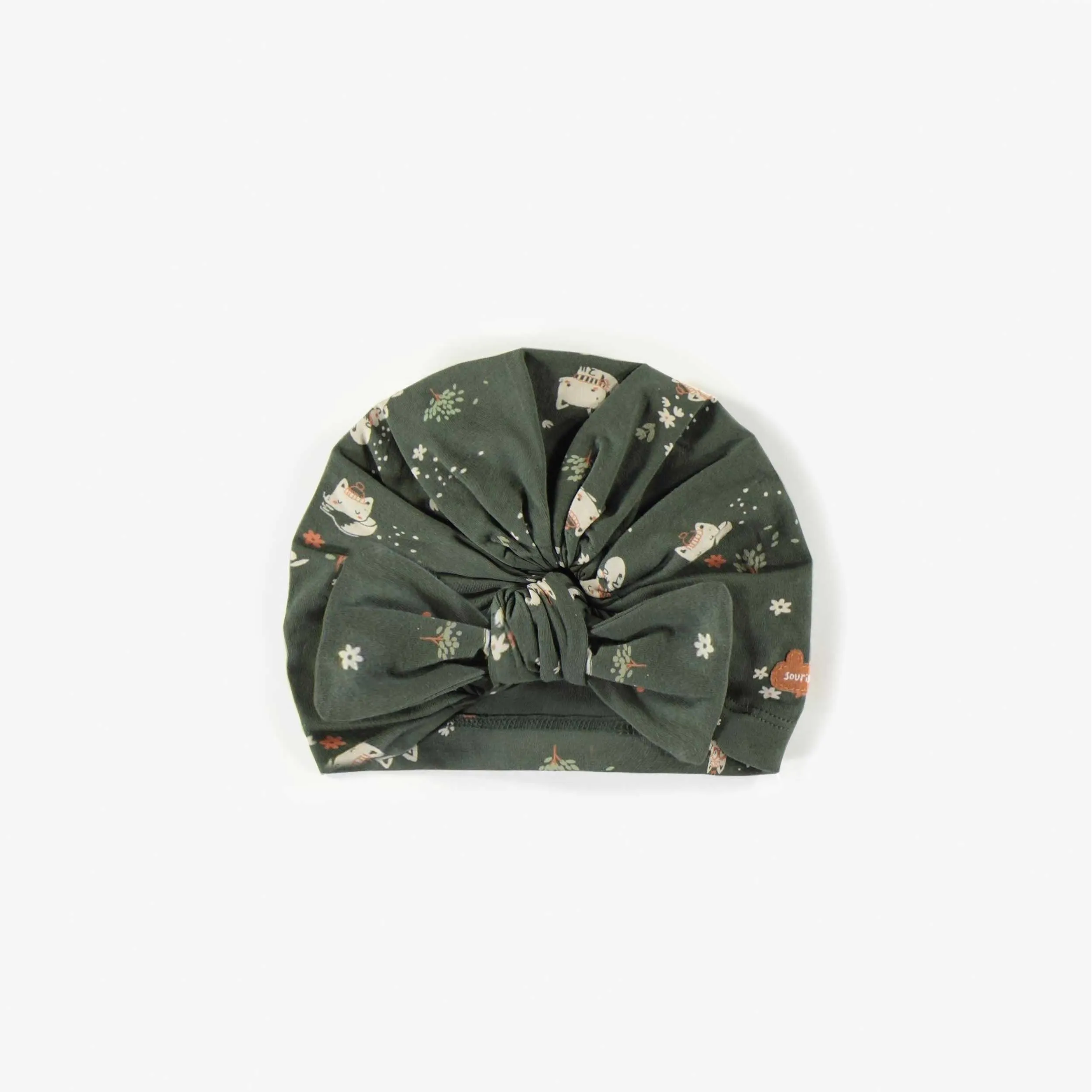 Bonnet vert à motifs en coton biologique, naissance  || Green patterned hat in organic cotton, newborn