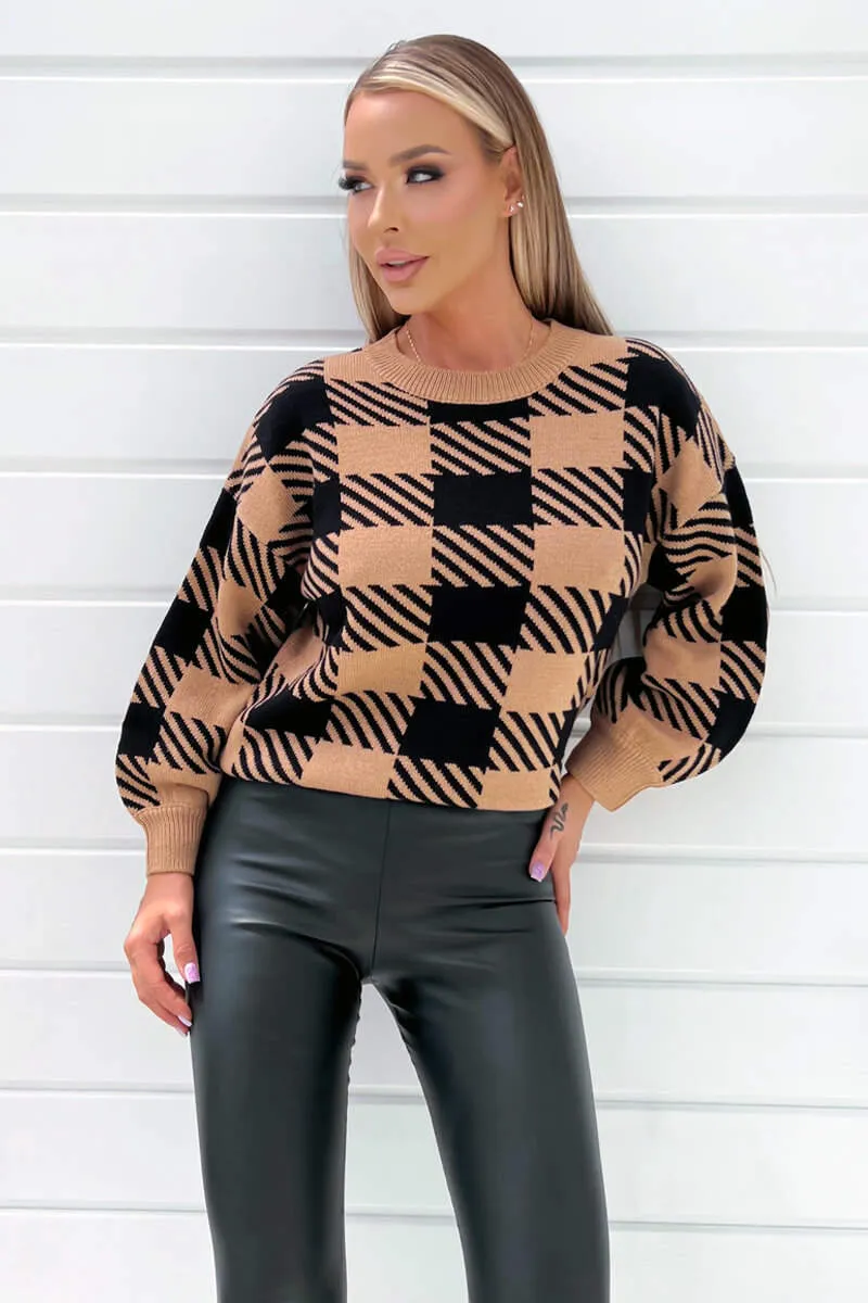 Camel And Black Check Pattern Round Neck Knitted Jumper