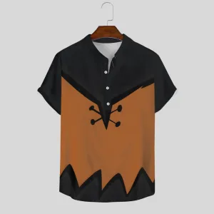 Cartoon Character Cotton And Linen Stand-Up Collar Half-Lapel Short-Sleeved Shirt 2405001032