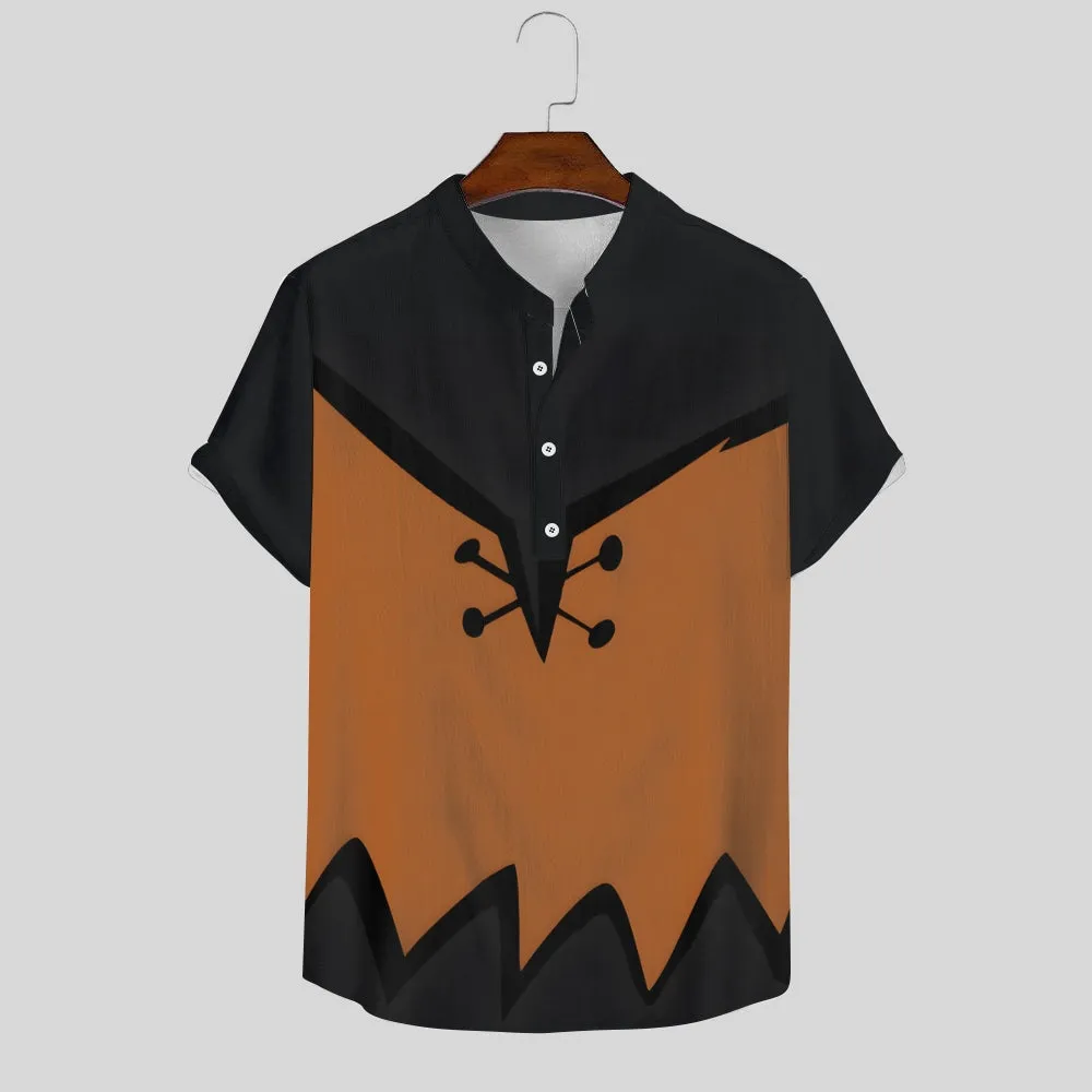 Cartoon Character Cotton And Linen Stand-Up Collar Half-Lapel Short-Sleeved Shirt 2405001032