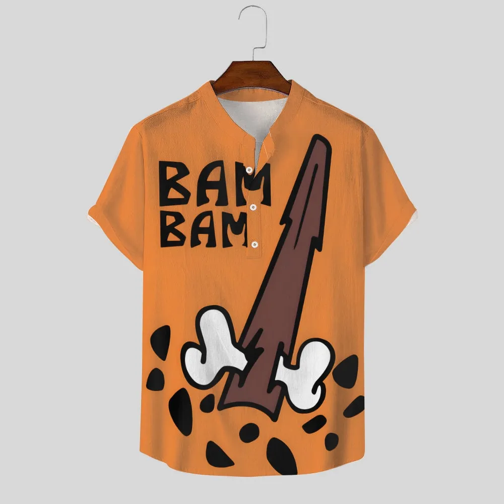 Cartoon Character Cotton And Linen Stand-Up Collar Half-Lapel Short-Sleeved Shirt 2405001035